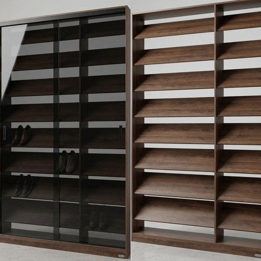 Modern Slanted-Shelf Shoe Display Wardrobe | Premium Walnut Wood Organizer خزانة عرض أحذية عصرية بأرفف مائلة | منظم فاخر من خشب الجوز