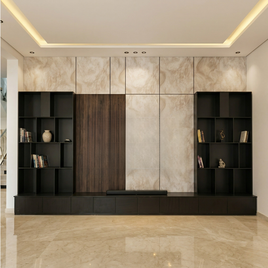 Contemporary Dark Wood Media Console with Bookshelves الخيار الثالث: طاولة تلفزيون خشبية داكنة عصرية مع أرفف للكتب