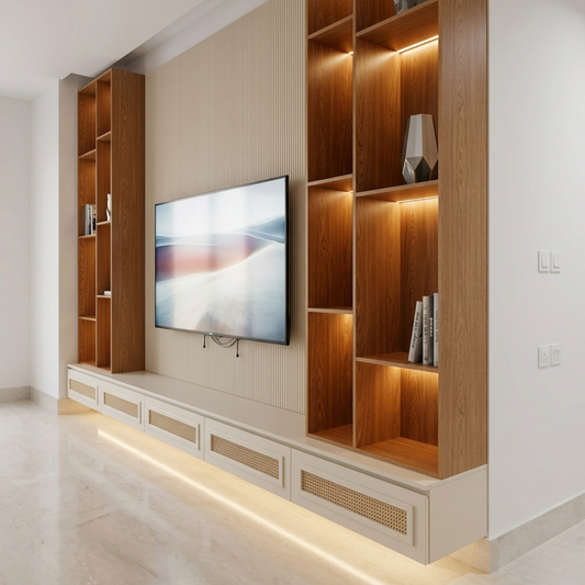 Modern Japandi TV Wall Unit with Rattan Cabinets & LED Shelving وحدة تلفزيون جاباندي مودرن مع خزائن راتان وأرفف مضيئة