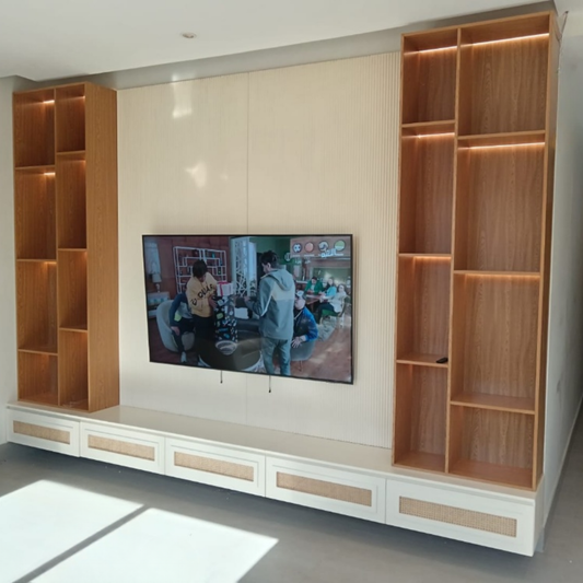Modern Japandi TV Wall Unit with Rattan Cabinets & LED Shelving  وحدة تلفزيون جاباندي مودرن مع خزائن راتان وأرفف مضيئة