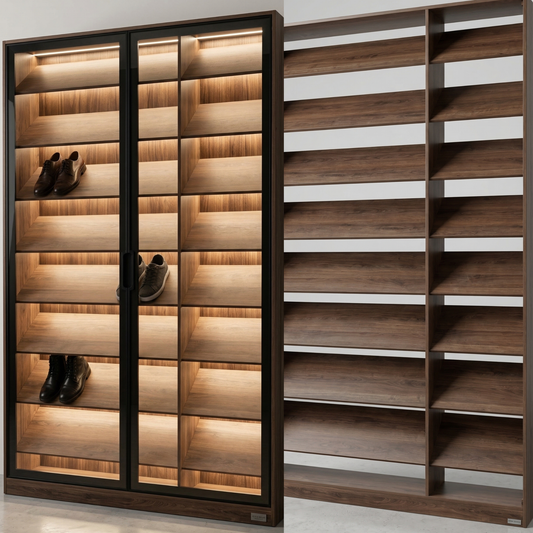 Modern Slanted-Shelf Shoe Display Wardrobe | Premium Walnut Wood Organizer  خزانة عرض أحذية عصرية بأرفف مائلة | منظم فاخر من خشب الجوز