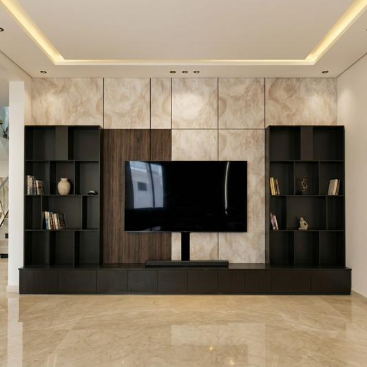 Contemporary Dark Wood Media Console with Bookshelves الخيار الثالث: طاولة تلفزيون خشبية داكنة عصرية مع أرفف للكتب